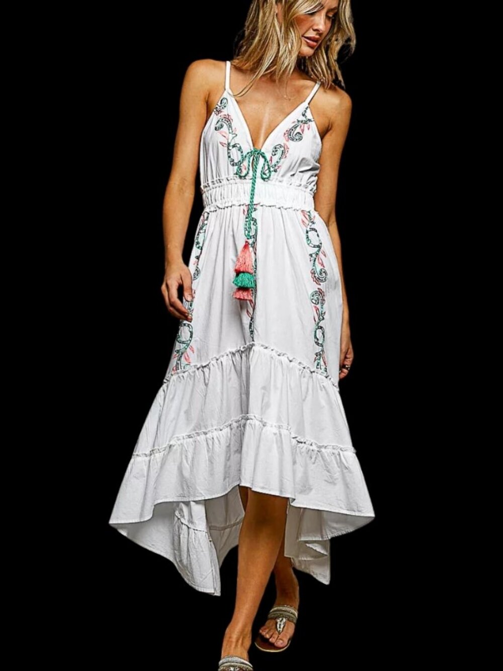 POL Embroidered Detail Tassel Tie Smocked Waist Midi Tiered Cami Dress - Ivory